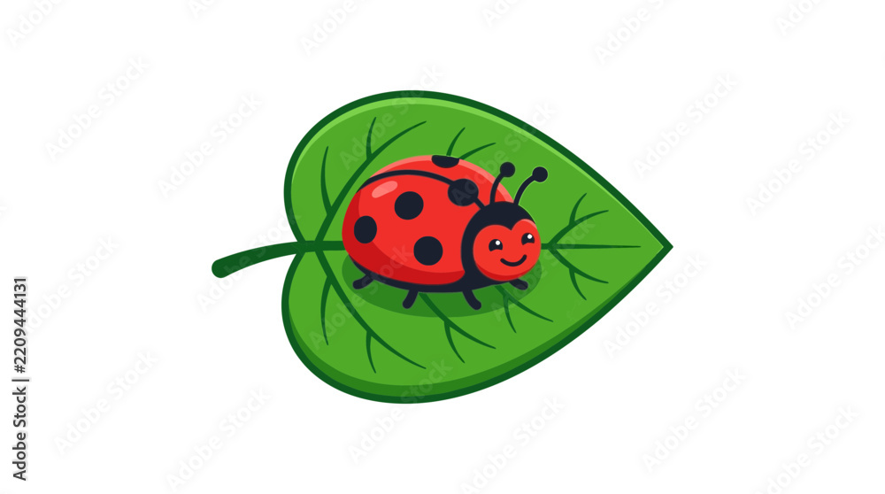 Fototapeta premium Cute Cartoon Ladybug on a Green Leaf Vector Illustration, Smiling Ladybird Character Isolated on White Background