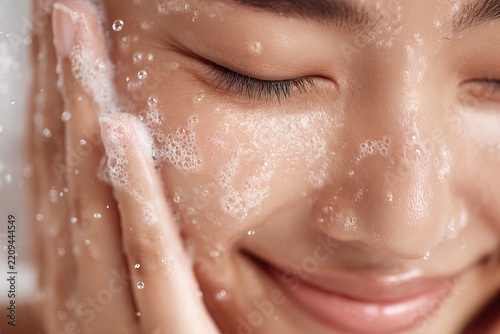 Close up of smiling Asian woman washing face with cleansing foam, water drops. Ideal for organic skincare brand advertising, beauty salon banner or cosmetic product packaging