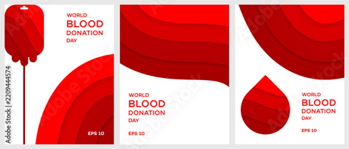 Collection of World Blood Donation Day designs featuring red layered paper cut style graphics like blood bag, drop, and abstract waves, promoting global healthcare awareness.