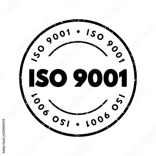 ISO 9001 text stamp representing quality management seal, standard certification badge, corporate compliance mark, business process tag, and industrial assurance notice.