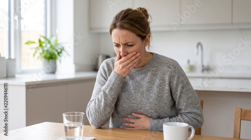 Woman feeling nauseous morning sickness unhealthy stomach pain illness tired kitchen indoor