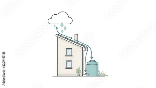 Flat vector illustration of a sustainable rainwater harvesting system for a residential house with roof drainage and collection tank