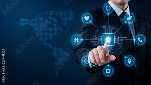 Businessman Touching Digital Technology Interface with Global Network and Business Management Icons