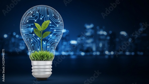 Green Technology Concept with Growing Plant Inside Digital Light Bulb Against City Background