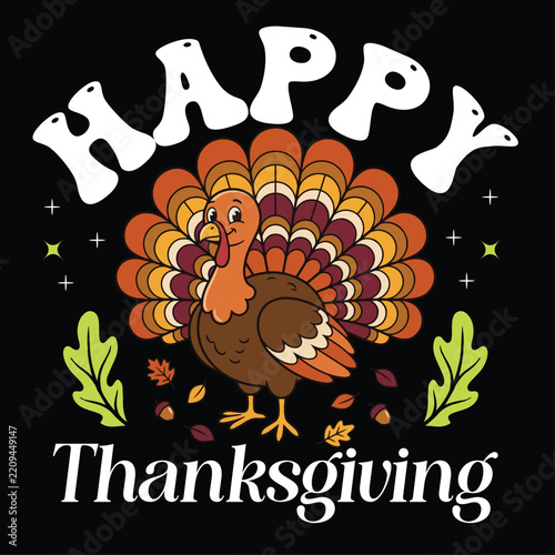 Cute Thanksgiving Turkey and Festive Vintage Typography Vector Set.