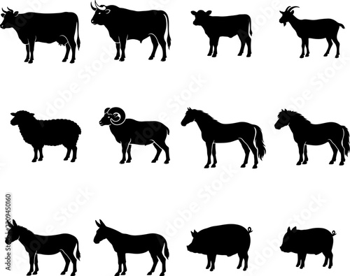 Farm Animals Silhouette Collection, Cow, Bull, Calf, Goat, Sheep, Ram, Horse, Pony, Donkey and Pig Vector Set