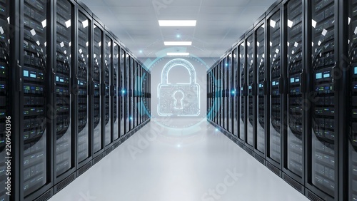 Secure server room with modern network hardware and data protection lock icon