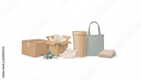 Recyclable packaging and reusable bags, showcasing eco-friendly materials and sustainable consumer goods