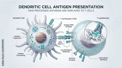Scientific illustration of dendritic cell antigen presentation and T cell immune response