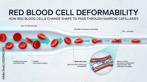 Scientific illustration of red blood cell deformability and movement through narrow capillaries