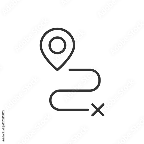 Location pin icon with a path line and destination cross on white background