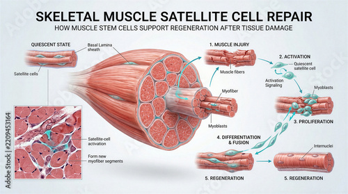 Scientific diagram illustrating the skeletal muscle satellite cell repair and regeneration process