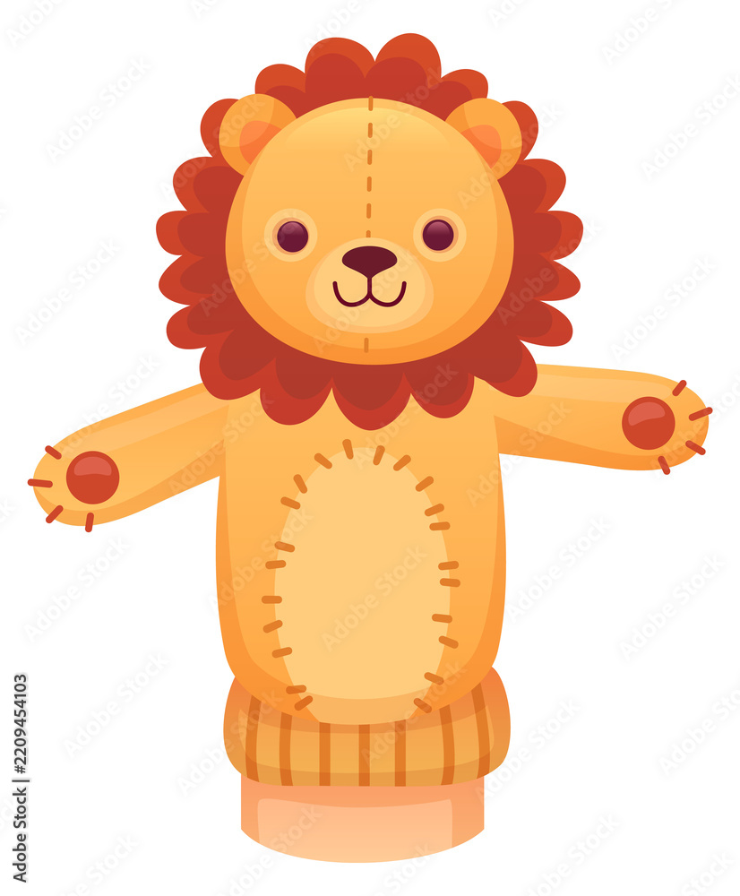 Obraz premium Lion puppet. Cartoon animal sock doll on human hand
