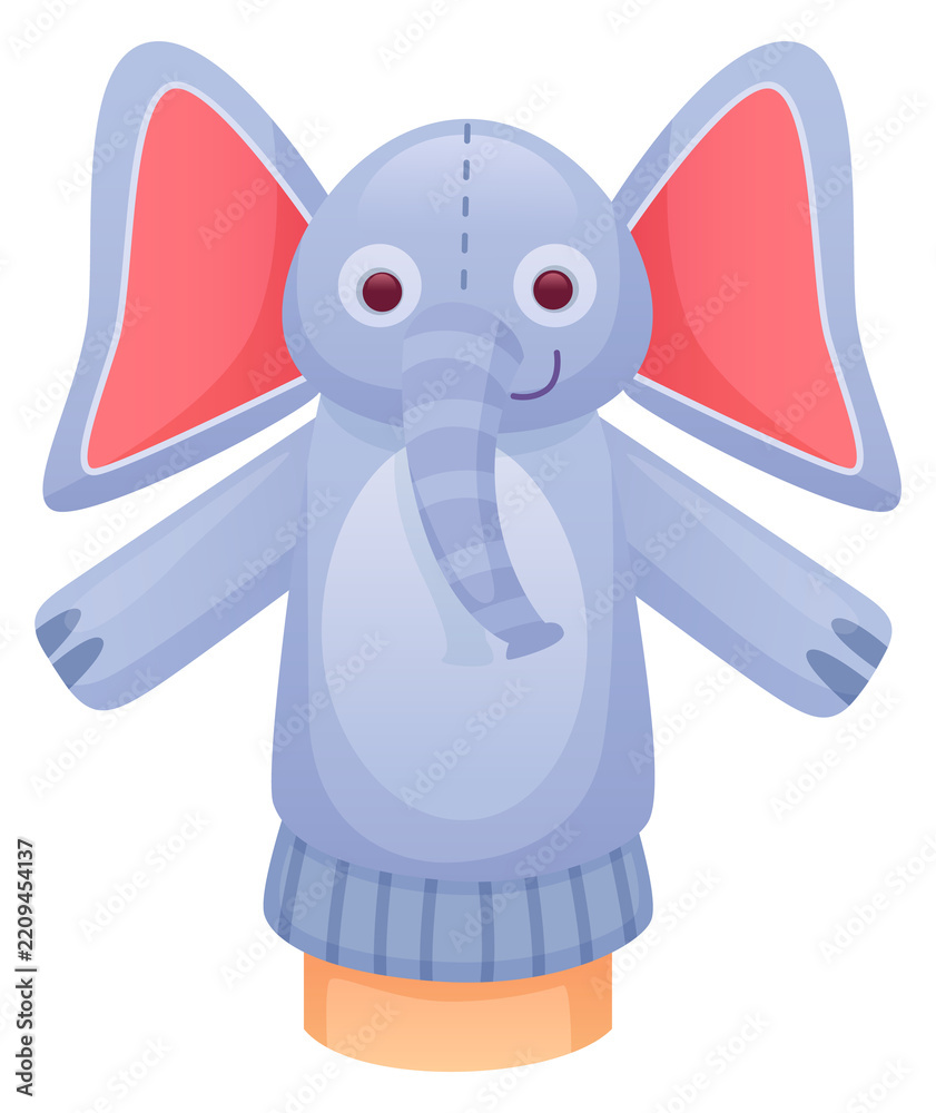 Obraz premium Elephant sock doll. Hand with cartoon animal puppet