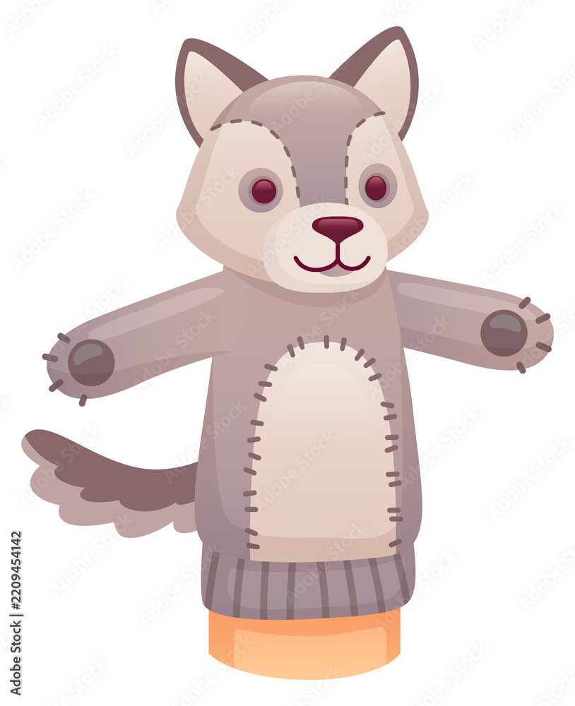 Obraz premium Wolf puppet. Textile doll on hand. Cartoon toy