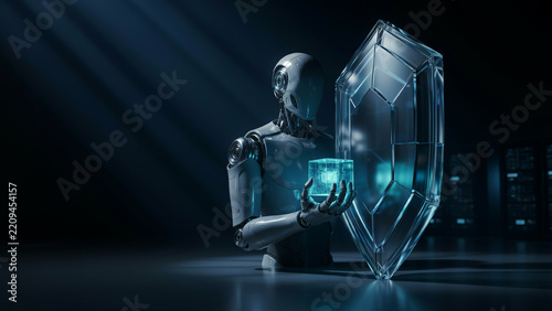 A humanoid robot holding a glowing cube behind a large transparent crystal shield in dark