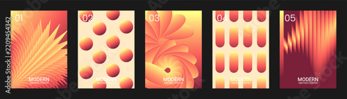 Warm orange and red gradient poster templates set. Creative abstract vector backgrounds with sharp feathered shapes, polka dots and floral petals for modern layouts.