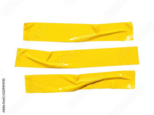 Three glossy yellow adhesive tape strips with reflective highlights on transparent background