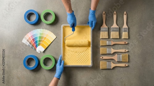 Hands wearing blue gloves prepare painting supplies including a roller paint tray brushes tape and color swatch