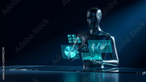 Black humanoid robot interacting with glowing blue financial charts and data on a glass table