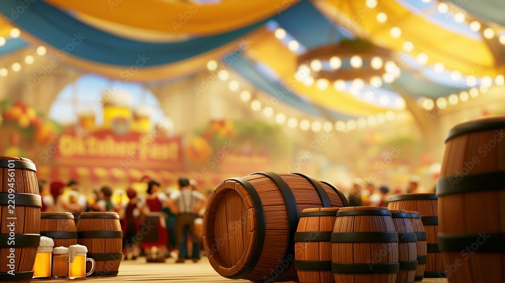 Obraz premium Traditional Oktoberfest Celebration with Beer Barrels and Crowd