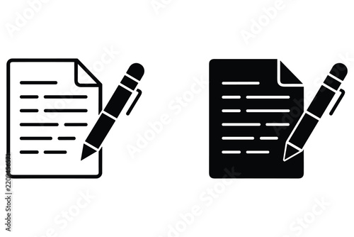 Document writing icon set featuring black outline and solid paper with pen for business editing
