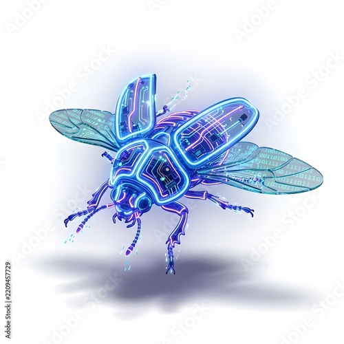 Futuristic cyberpunk robotic beetle with glowing circuits and binary data patterns in 3D render