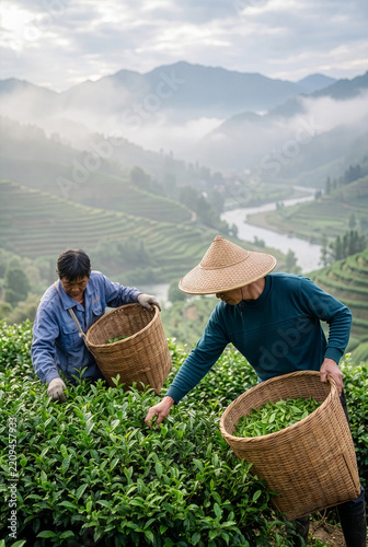 Two Asian farmers harvesting fresh green tea leaves in mountain plantation during misty morning.