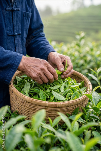 Close up hands of senior farmer placing fresh harvested green tea leaves into bamboo basket.