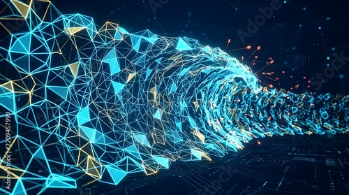 Abstract Data Wave Visualization with Glowing Blue Geometric Network Nodes and Circuit Board Background