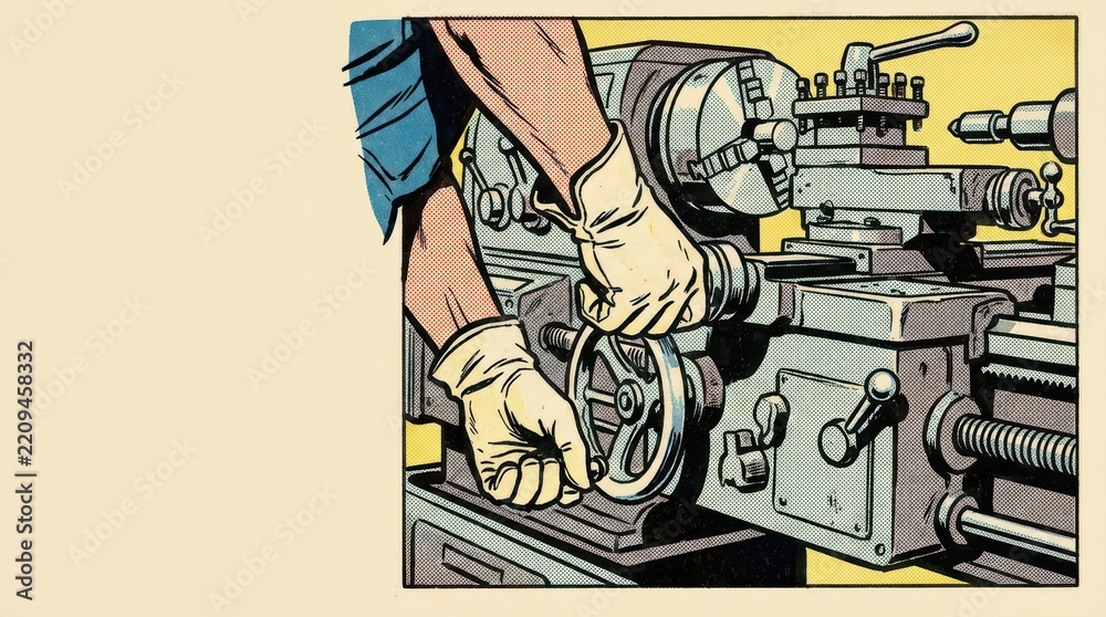 Fototapeta premium Craftsman with gloved hands operating a metal lathe in a workshop specialized tools
