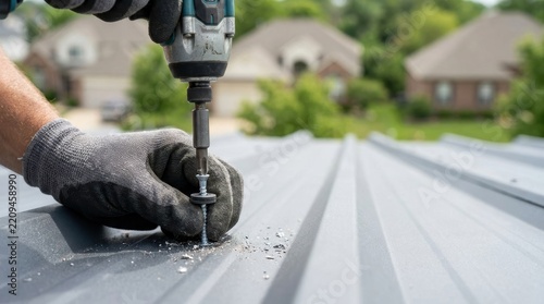 Person wearing gloves uses a drill to screw metal roofing panels on a residential building