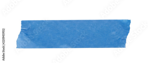 Single strip of blue painter tape isolated on a clean white background for design projects