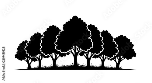 Black silhouette of a forest grove isolated on a transparent background