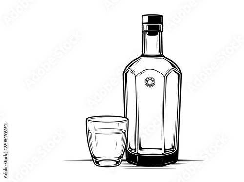 Elegant Bottle and Drinking Glass Black and White Vector