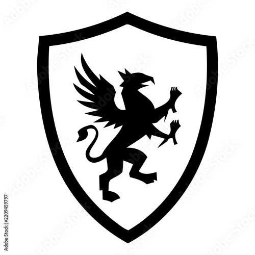 Black shield features winged lion silhouette