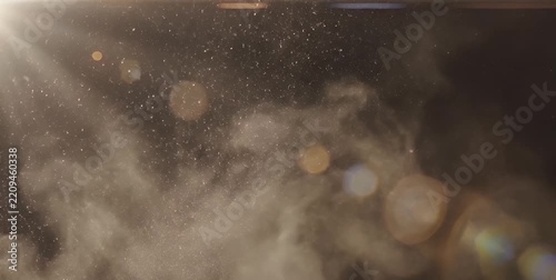 Dust particles illuminated by a strong light source with lens flares against a dark background, creating a mystical atmosphere.