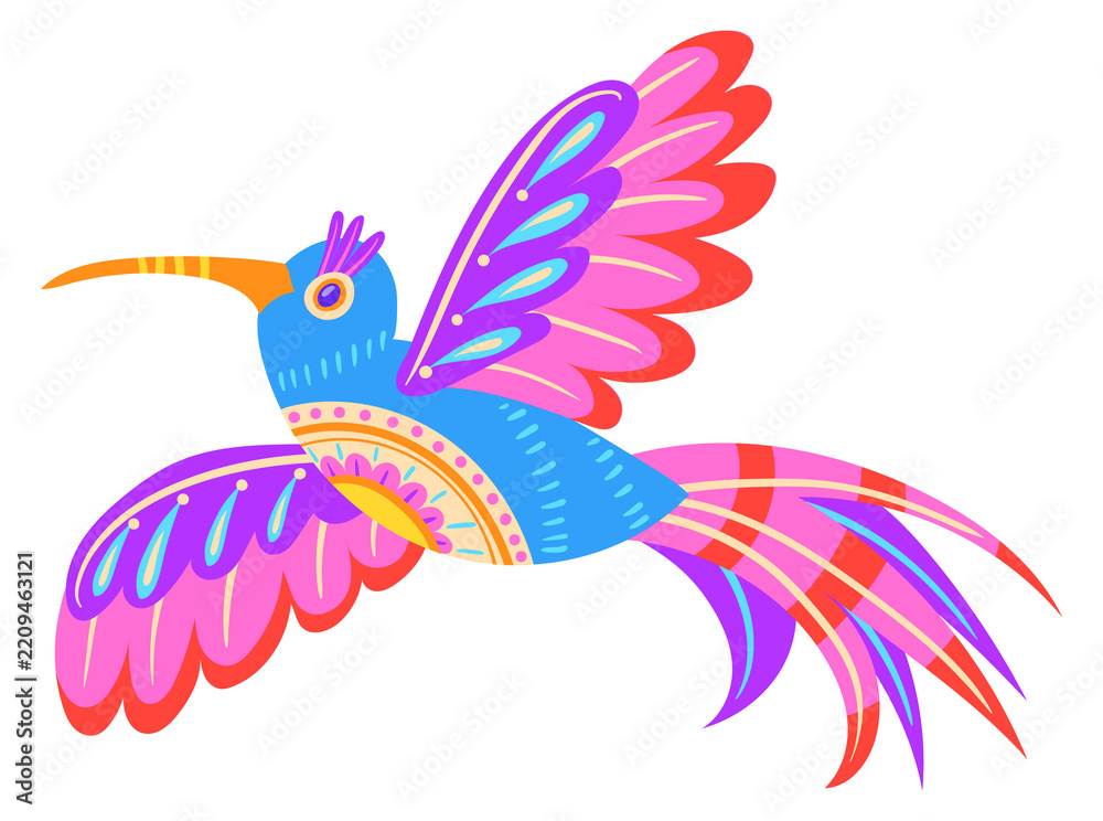 Obraz premium Flying bird in alebrije style. Colorful mexican motif