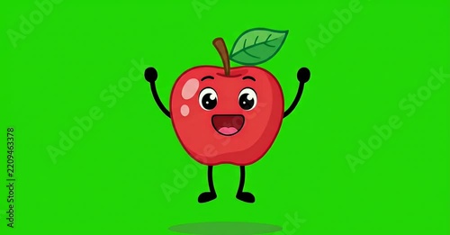 Happy cartoon red apple character with arms and legs jumping on a green screen background.