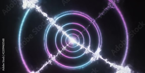 Abstract glowing neon rings and energy lines radiating from a central light source in a dark space.