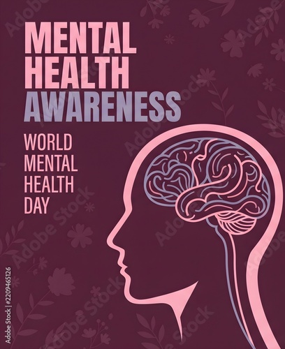 World Mental Health Day Awareness Poster Design Featuring A Stylized Human Head Profile With An Intricate Brain Illustration Concept