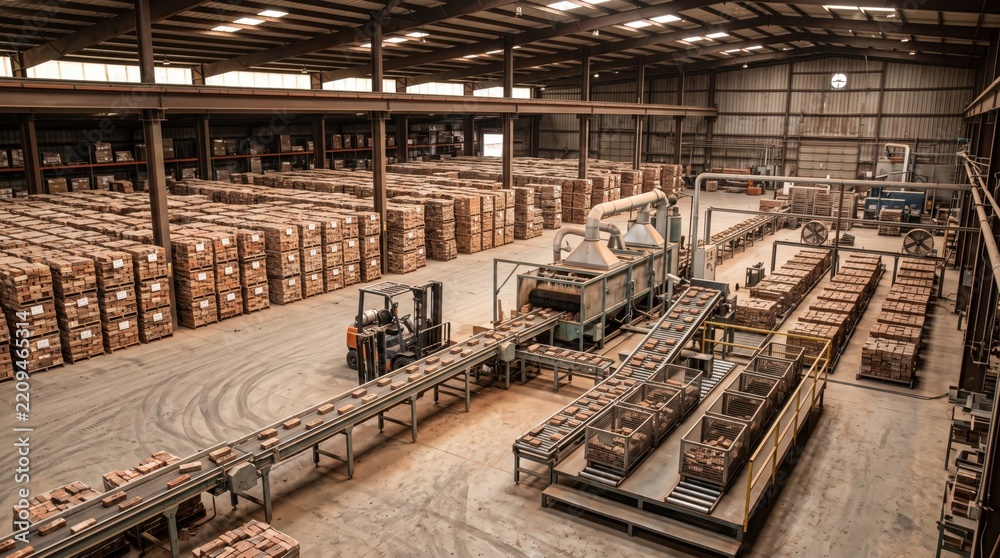 Fototapeta premium Industrial Brick Factory Warehouse with Automated Production Line and Logistics