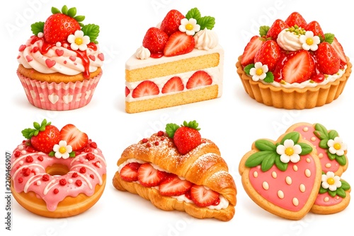 3D Strawberry Dessert Collection with Cakes, Pastries and Cookies