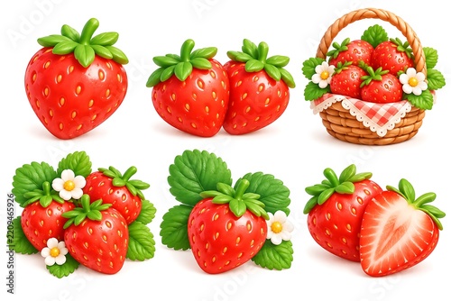 3D Strawberry Collection with Basket, Leaves and Flowers