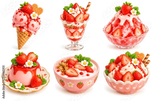 3D Strawberry Dessert Collection with Ice Cream and Parfait