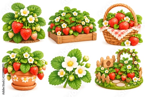 3D Strawberry Plants and Garden Collection with Fruit and Flowers