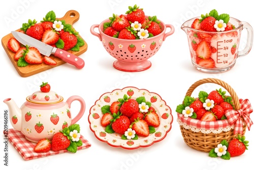 3D Strawberry Kitchen Collection with Fresh Fruit and Tableware