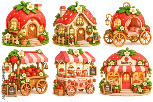 Cute 3D Strawberry Village with Cottage and Bakery