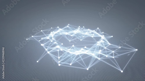 Glowing white and light blue nodes connect with pulsating lines in a shifting digital network mesh. Futuristic backdrop inspired by network connectivity and digital communication.