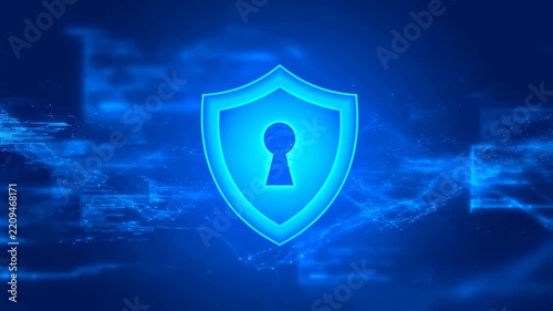 Glowing blue shield icon with a keyhole pulses centrally on a dark digital background surrounded by flowing cyan particles. Futuristic backdrop inspired by security and protection.